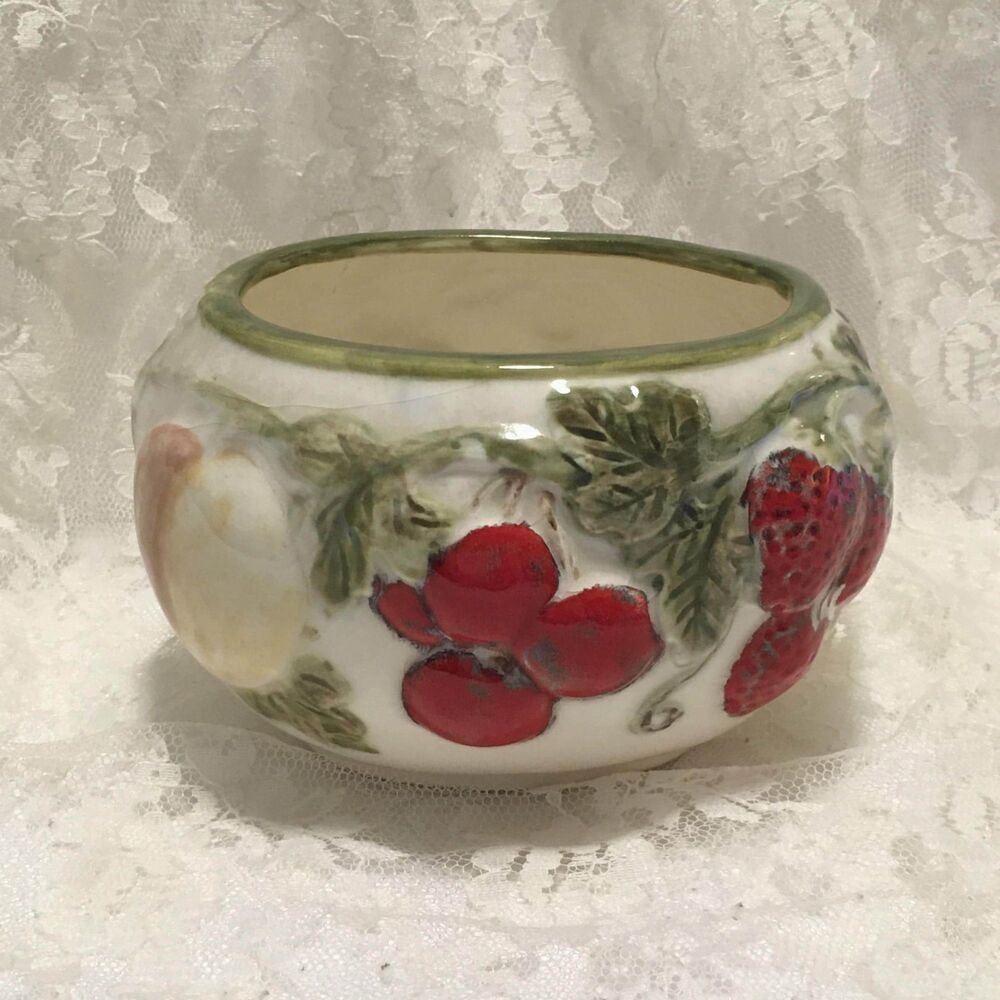Vintage Majolica Painted Ceramic Fruit Bowl with Hand Painted Berries